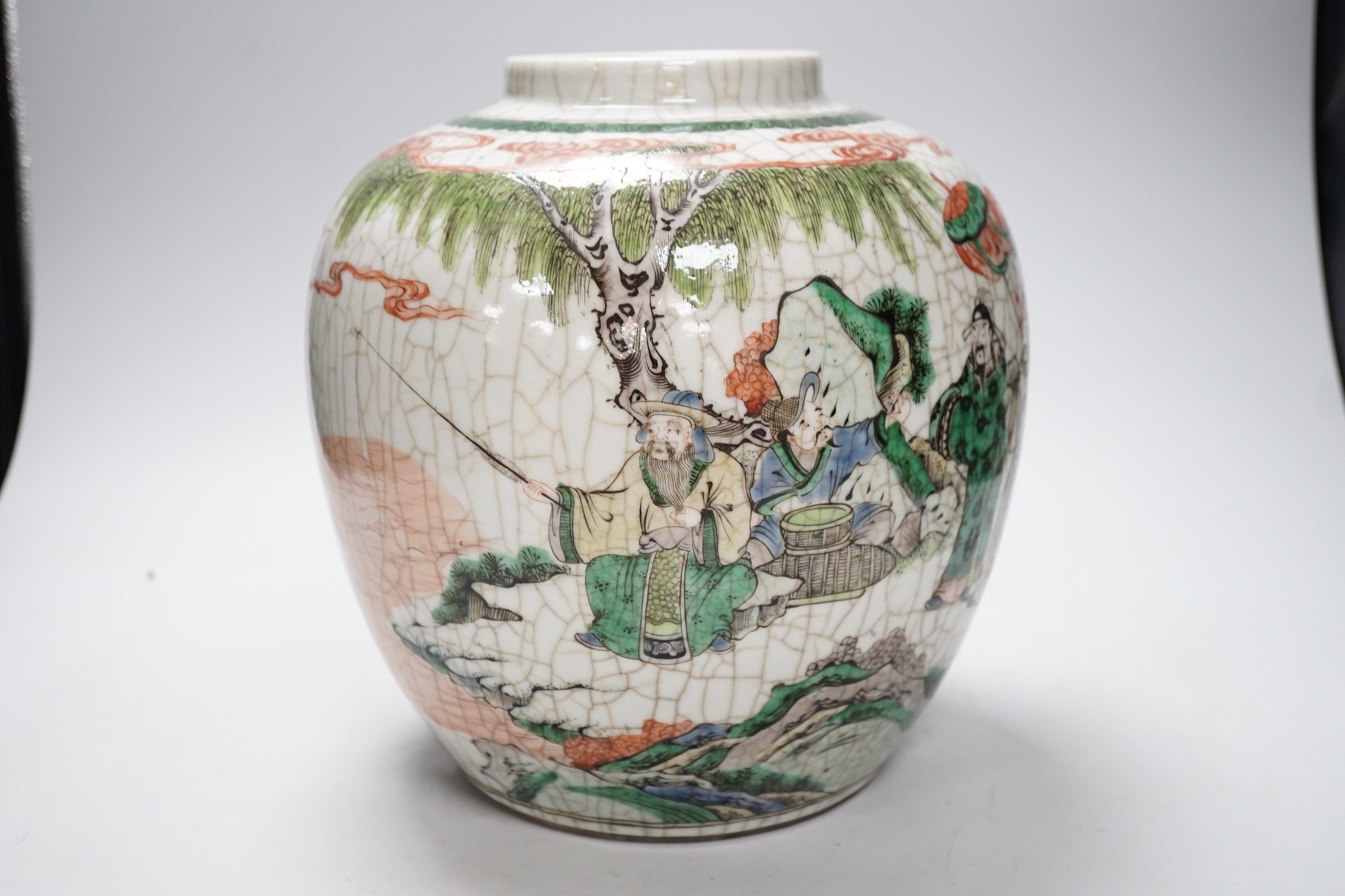 A large Chinese famille verte crackle glaze jar, late 19th century, 25cm